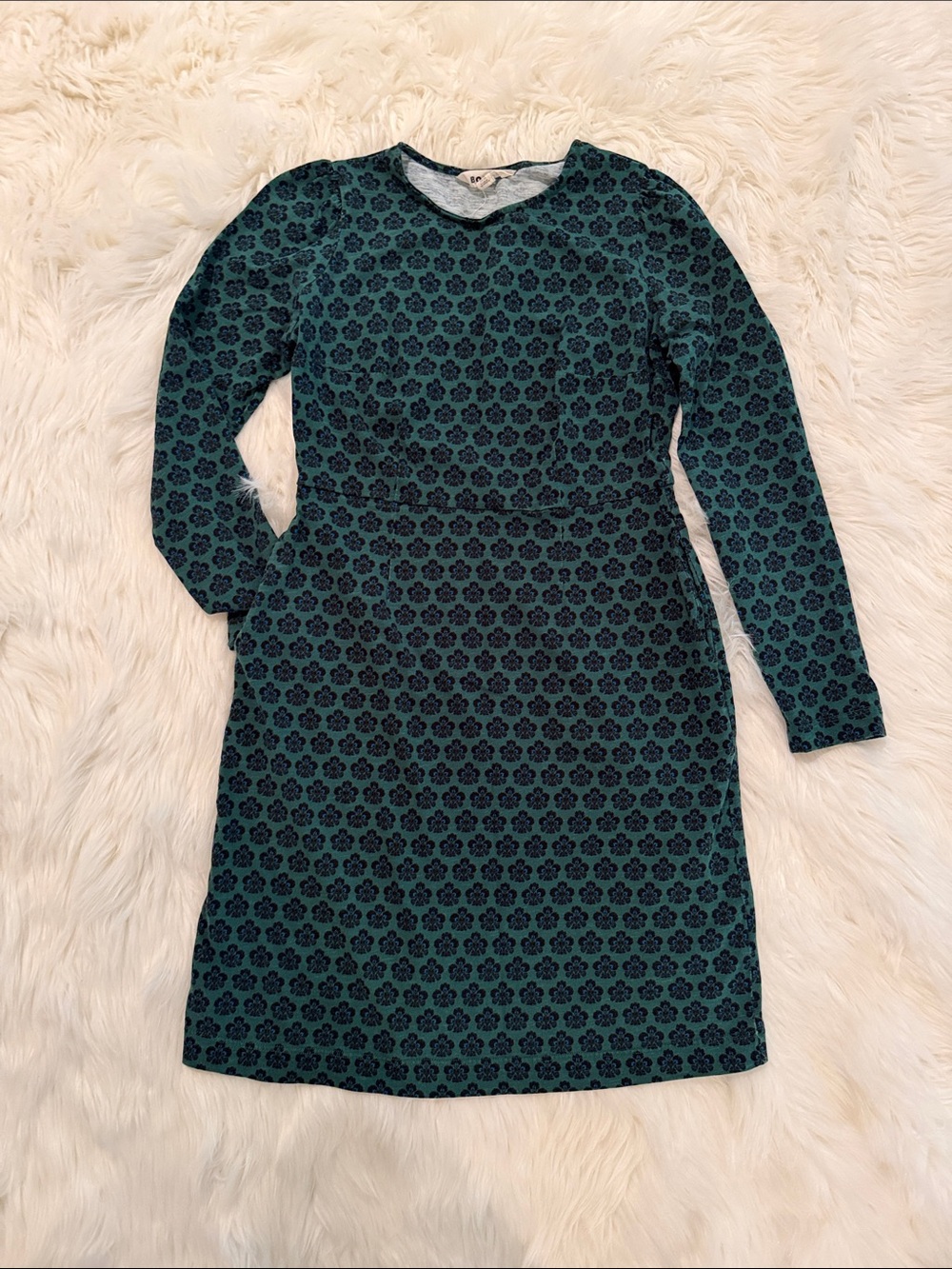 Boden Teal and Black Long-Sleeve Floral Sheath Dress
